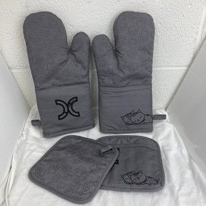 Lot 4 - Gray Cotton Long Silicone Paw print Cat Oven Mitts and Potholders Set